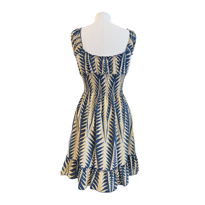 Turquoise & Beige w Gold Smocked Sleeve Short Dress