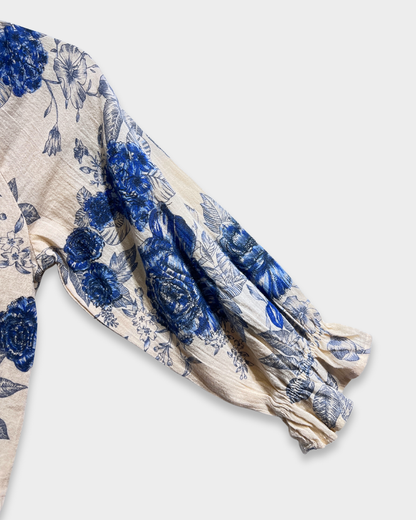 indigo rose dress, girls floral dress, blue peasant dress, boho girls outfit, boutique girls clothing, ruffle hem dress, smocked waist dress, kids fall fashion, blue flower print dress