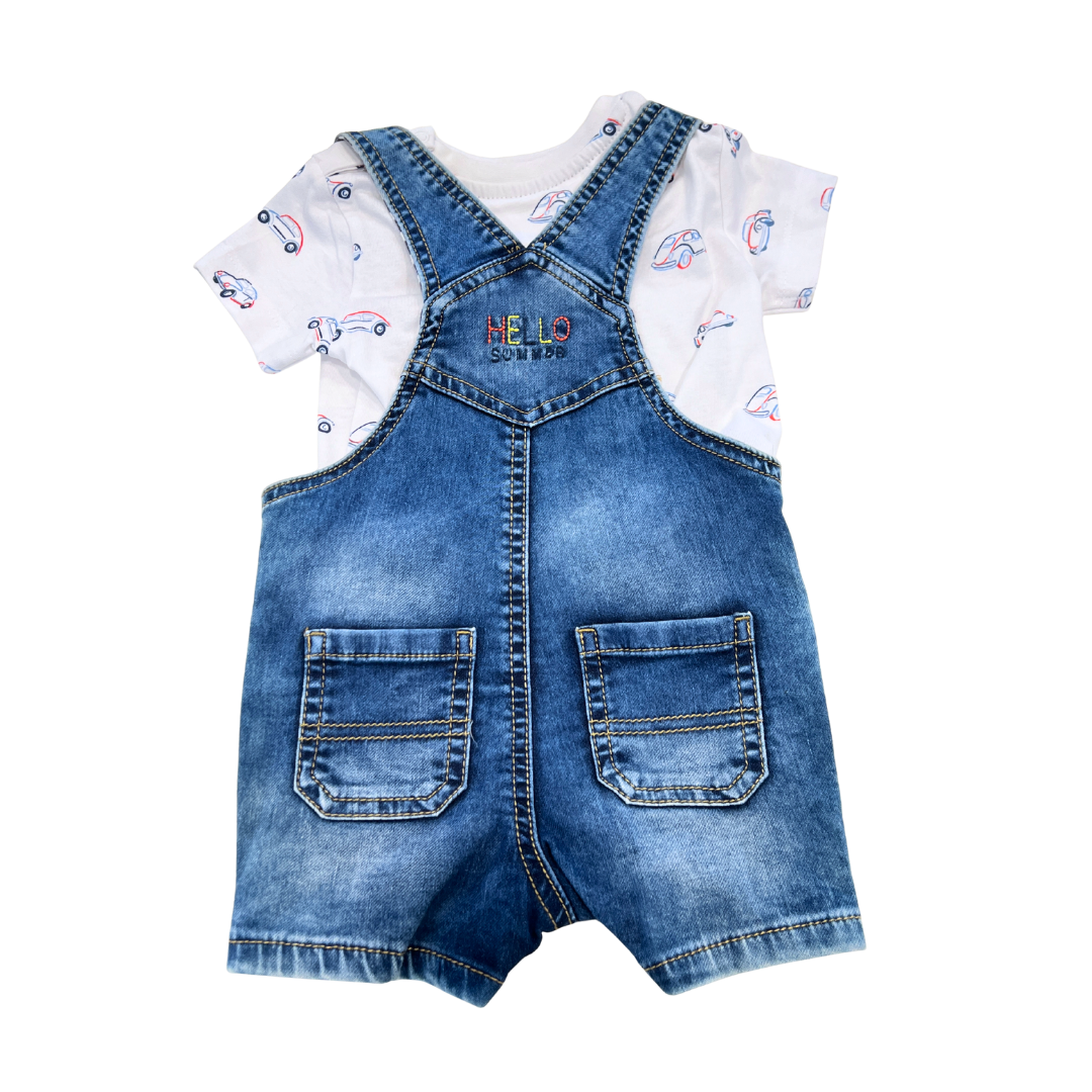 2pc white tee w cars & denim romper