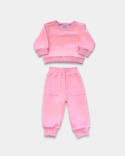 2pc solid pullover set, ivory pink jogger set, casual loungewear for kids, boutique pullover and pants set, neutral kids lounge set, toddler girl matching outfit, comfy jogger sweat set, soft cotton blend kids clothing, boutique kids fashion, everyday wear set for children
