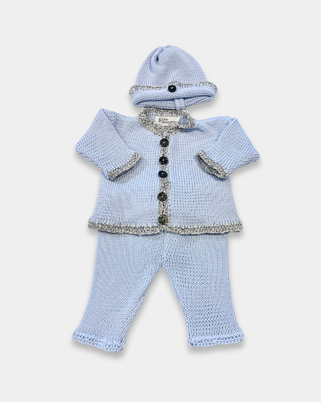 baby cotton sweater set, boutique baby knitwear, baby shower gift outfit, baby boy sweater and hat set, newborn cotton sweater outfit, boutique baby clothing Expressions Boutique NY, infant knit cardigan set, baby cotton knit with chenille trim, newborn coming home outfit boys, soft breathable baby sweater set