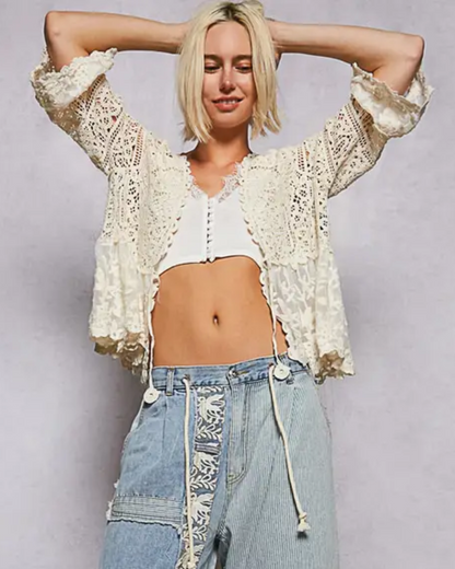 V Neck SS Crochet Floral Lace Cardigan