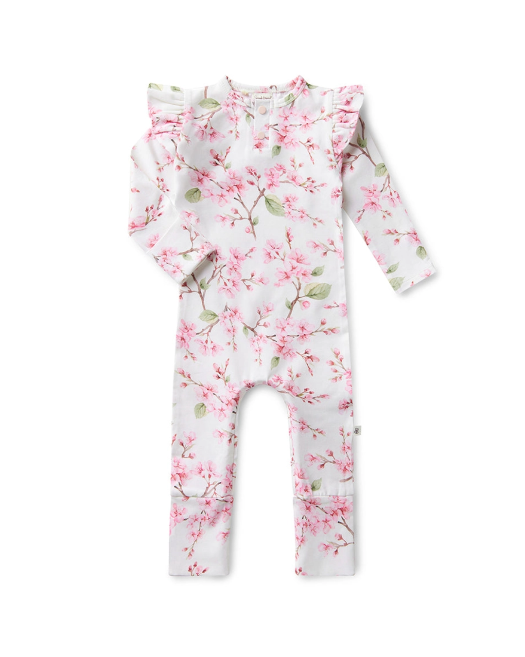 cherry blossom baby romper, floral organic growsuit, baby girl flower outfit, boutique infant romper, eco friendly baby clothes, newborn cherry blossom footie, baby shower gift girl, soft cotton floral sleeper, baby girl ruffle romper, spring print baby outfit