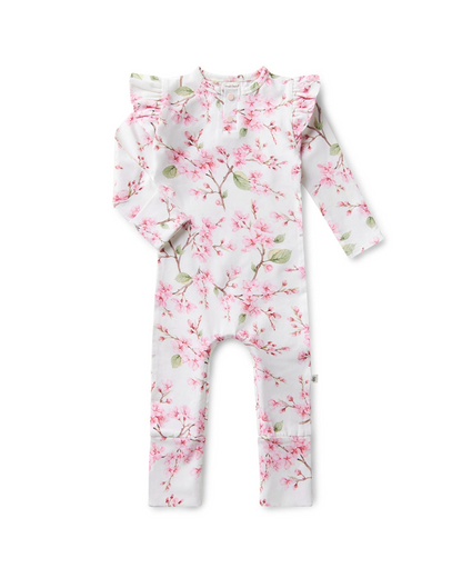 cherry blossom baby romper, floral organic growsuit, baby girl flower outfit, boutique infant romper, eco friendly baby clothes, newborn cherry blossom footie, baby shower gift girl, soft cotton floral sleeper, baby girl ruffle romper, spring print baby outfit
