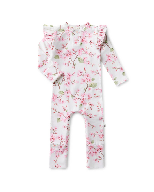 cherry blossom baby romper, floral organic growsuit, baby girl flower outfit, boutique infant romper, eco friendly baby clothes, newborn cherry blossom footie, baby shower gift girl, soft cotton floral sleeper, baby girl ruffle romper, spring print baby outfit