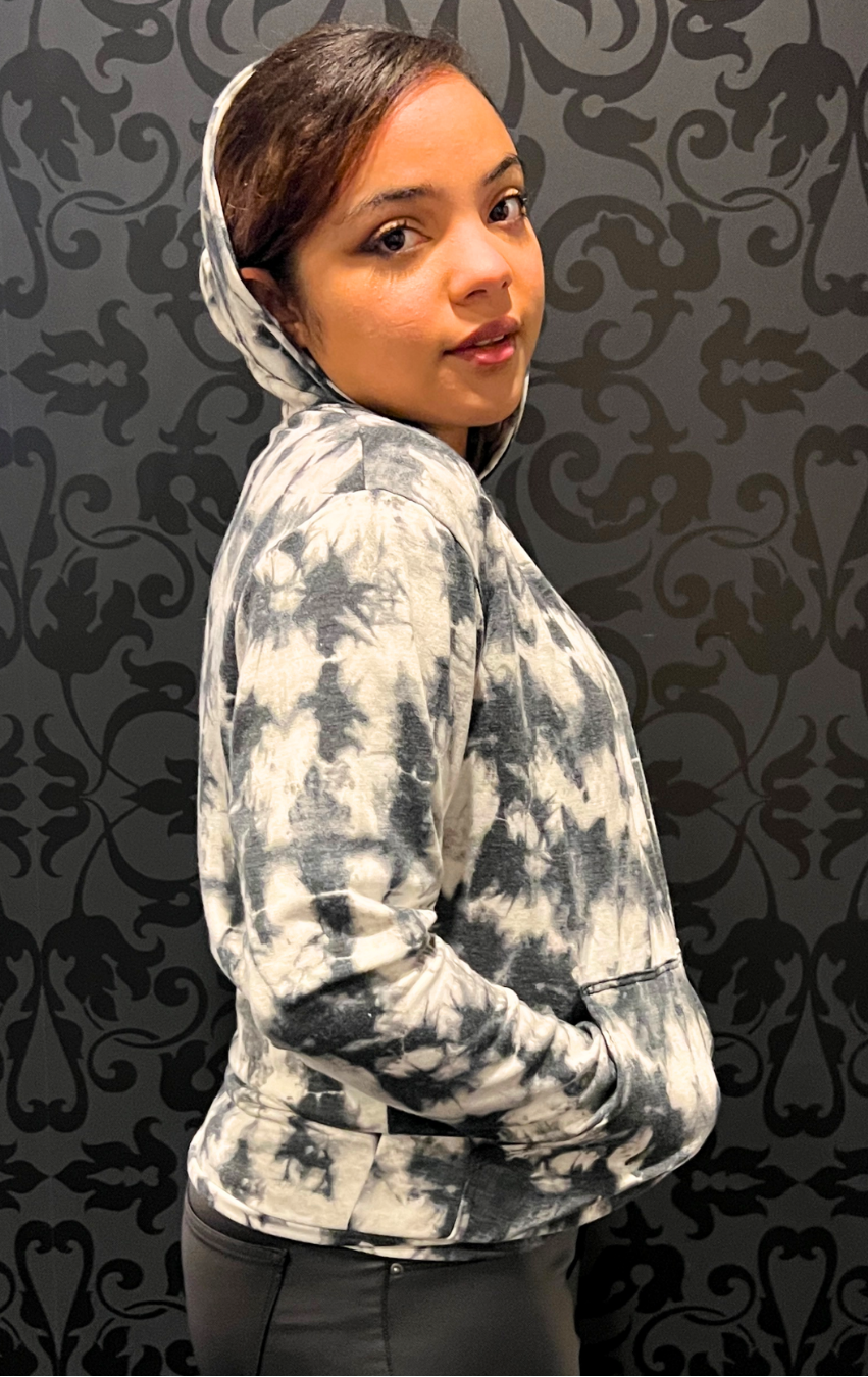 women’s tie-dye hoodie Expressions Boutique NY, boutique hooded sweatshirt, cozy tie-dye pullover, neutral hoodie outfit, lounge streetwear