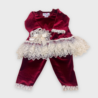 2pc Red Velvet Tunic Top w Ivory Lace