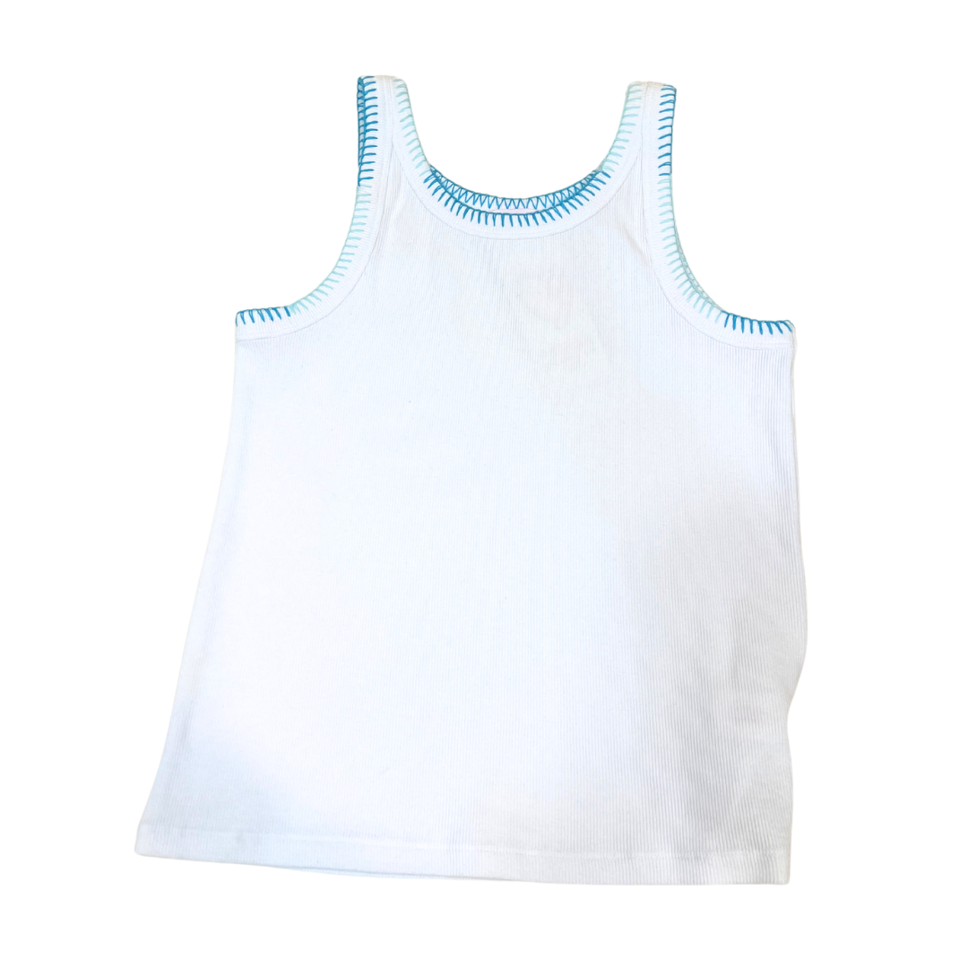 White Tank w teal threading detail on edge of sleeve