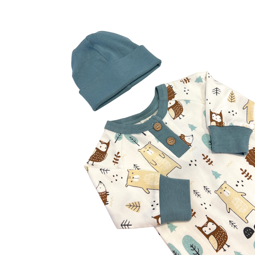 woodland baby romper, forest animal baby outfit, cream and green romper set, baby boy henley romper, infant woodland print sleeper, newborn forest theme outfit, baby romper with hat, cozy fall baby clothes, boutique baby boy gift set, cute animal print romper