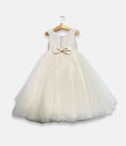ivory petal dress, ivory tulle flower girl dress, boutique special occasion dress, ivory sequin lace dress, couture girls formal gown, glitter tulle occasion dress, ivory toddler dress, boutique girls party dress, Expressions Boutique NY, couture children’s fashion
