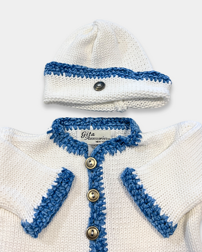 baby cotton sweater set, boutique baby knitwear, baby shower gift outfit, baby boy sweater and hat set, newborn cotton sweater outfit, boutique baby clothing Expressions Boutique NY, infant knit cardigan set, baby cotton knit with chenille trim, newborn coming home outfit boys, soft breathable baby sweater set
