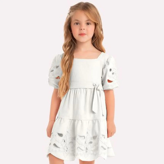 girls embroidered white dress, off-white puff sleeve dress, boutique girls dress, scalloped hem embroidered dress, special occasion dress for girls, white embroidered toddler dress, girls holiday dress boutique, off-white square neck dress, puff sleeve embroidered outfit, boutique flower girl dress