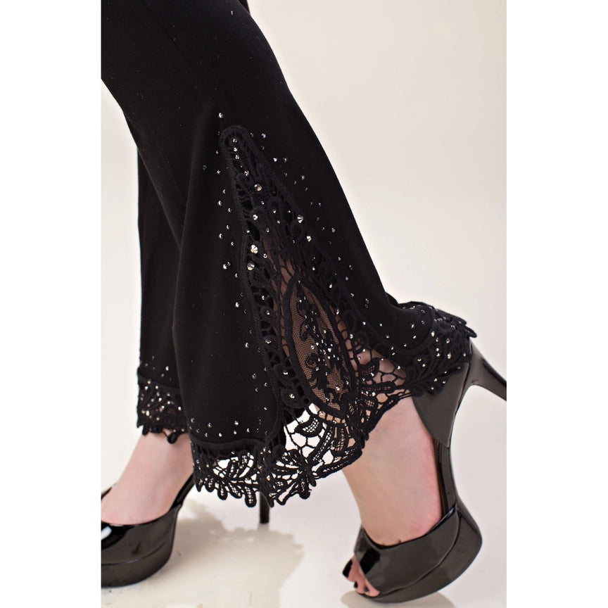 Black Knit Bell Bottom Pant w Crochet Lace Stone detail