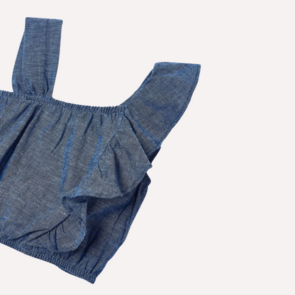 2pc Denim Top w One Side Ruffle w Matching Elastic Waist Pant