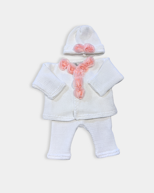 2pc White Cotton Sweater w Pink Chiffon Flowers