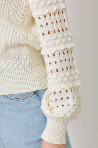 Mystree ivory textured sweater, bobble sleeve knit sweater, boutique ivory knitwear, women’s statement sleeve sweater, cozy chic ivory pullover, open-knit detail sweater, boutique fall sweater, ivory knit with textured sleeves, casual chic knitwear, women’s ivory sweater top