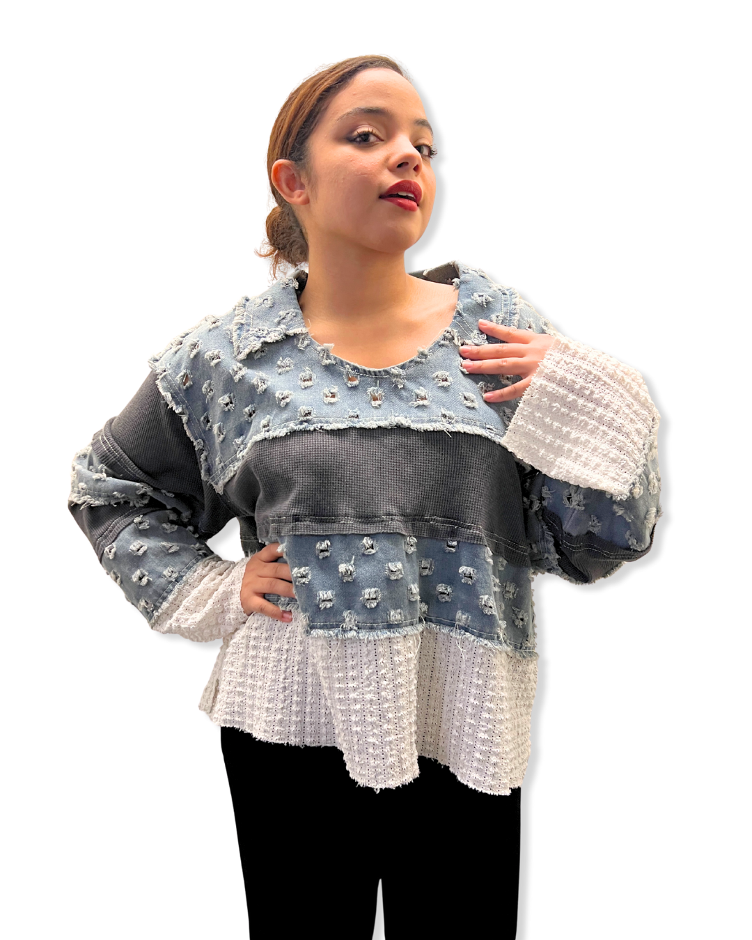 denim contrast top Expressions Boutique NY, light denim v neck top, mixed media denim sweater, women’s boutique patchwork top, casual street style pullover