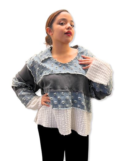 denim contrast top Expressions Boutique NY, light denim v neck top, mixed media denim sweater, women’s boutique patchwork top, casual street style pullover