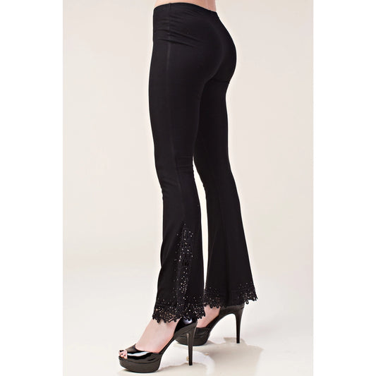 Black Knit Bell Bottom Pant w Crochet Lace Stone detail