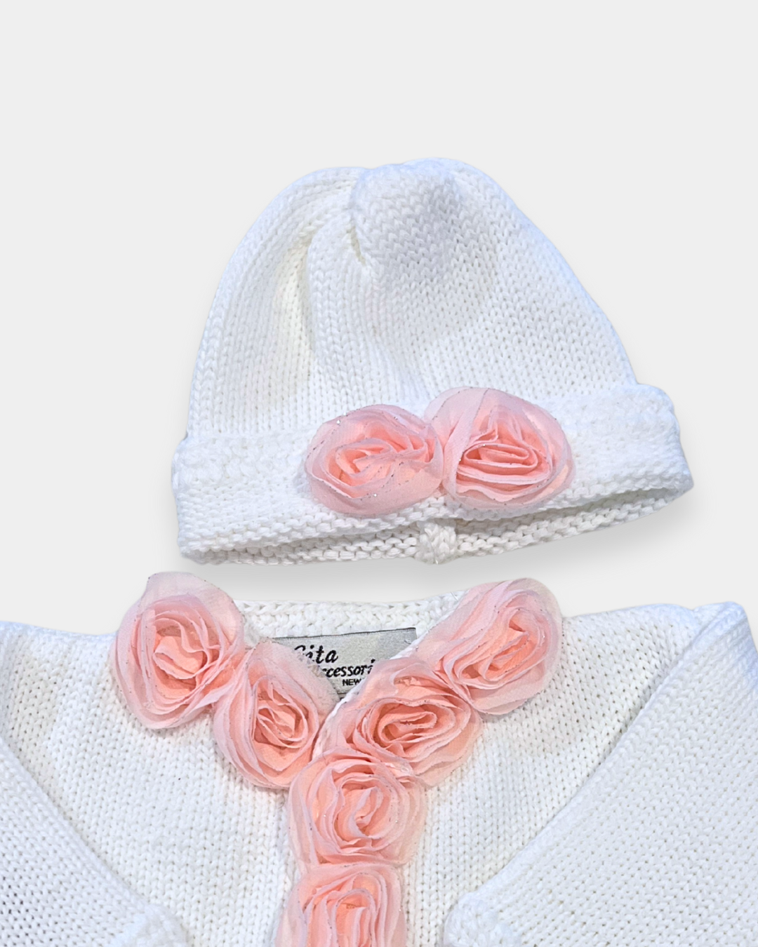 2pc White Cotton Sweater w Pink Chiffon Flowers
