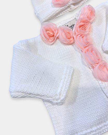 2pc White Cotton Sweater w Pink Chiffon Flowers