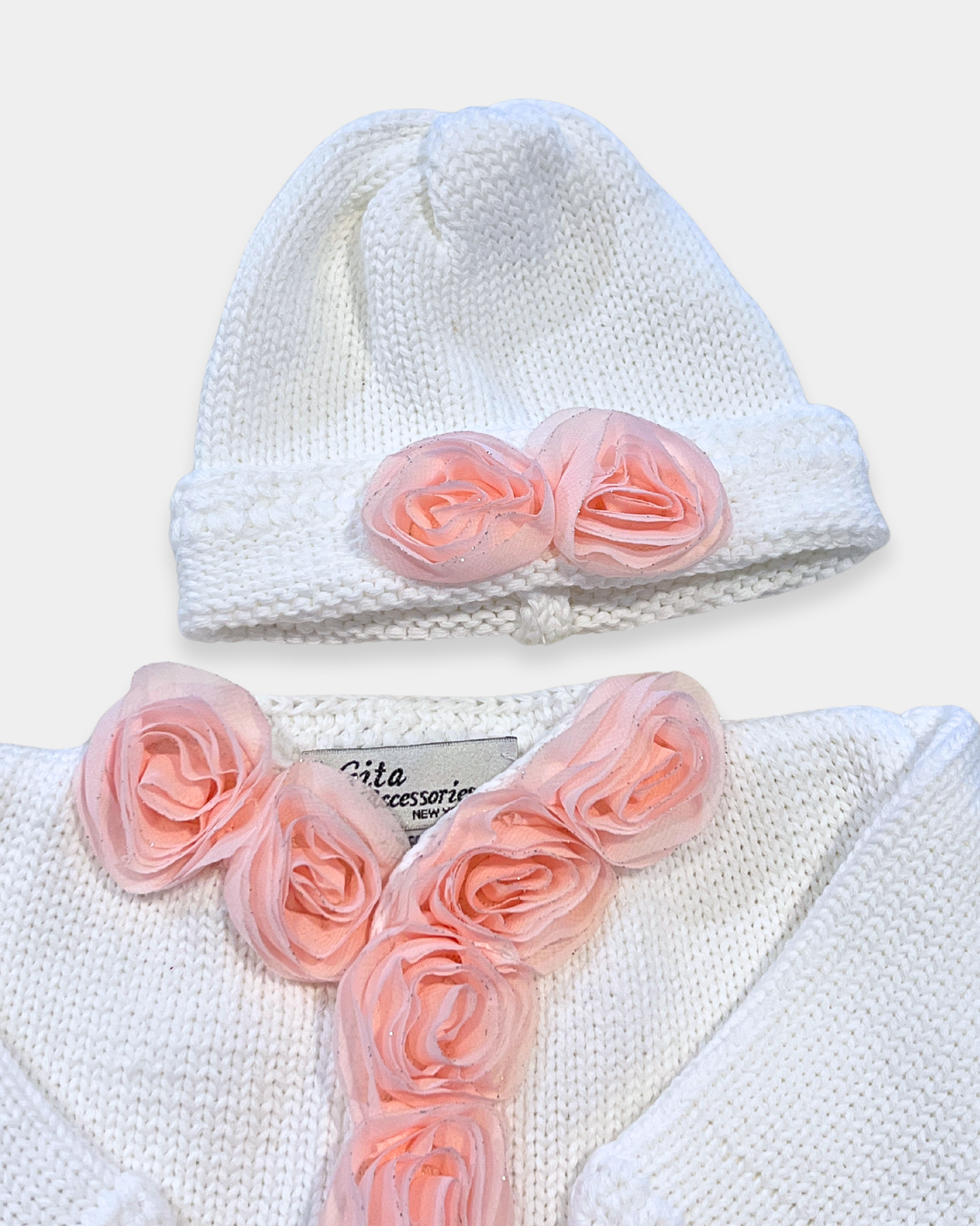 2pc White Cotton Sweater w Pink Chiffon Flowers