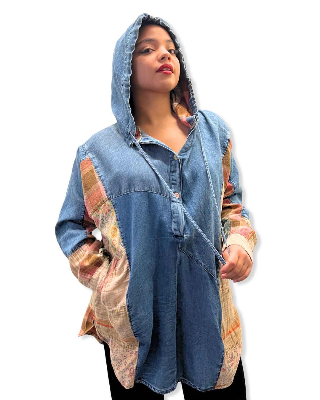 hooded denim patchwork top Expressions Boutique NY, high low boho hoodie, mixed fabric tunic top, women’s patchwork denim pullover, bohemian chic fall outfit