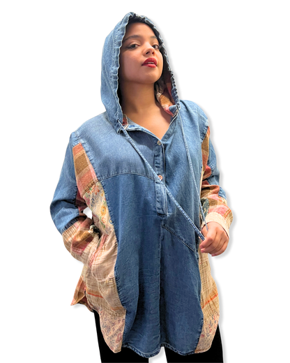 hooded denim patchwork top Expressions Boutique NY, high low boho hoodie, mixed fabric tunic top, women’s patchwork denim pullover, bohemian chic fall outfit