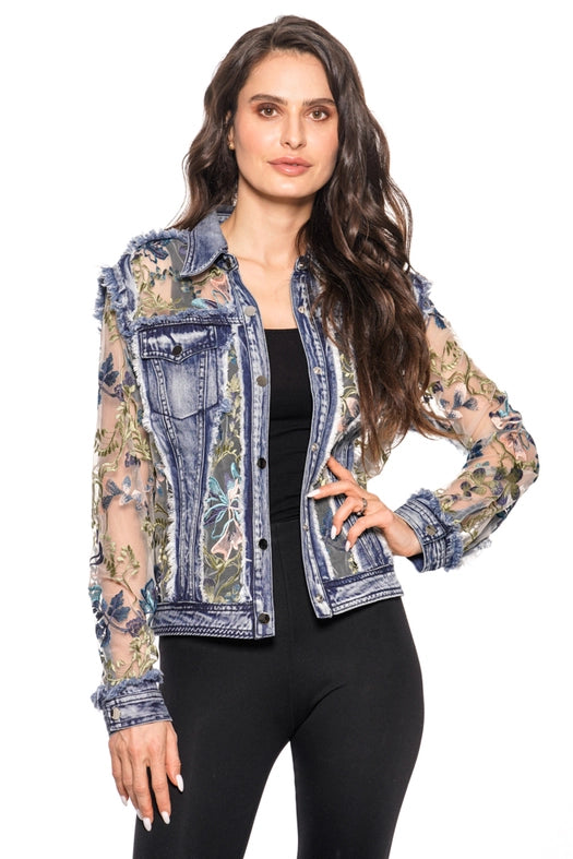 denim lace jacket, embroidered floral jacket, women’s denim jacket, lace detail denim, embroidered jean jacket, statement jacket for women, sheer embroidered jacket, boutique fashion outerwear, stylish denim jacket, denim jacket with lace sleeves, boho chic denim jacket, floral embroidered denim