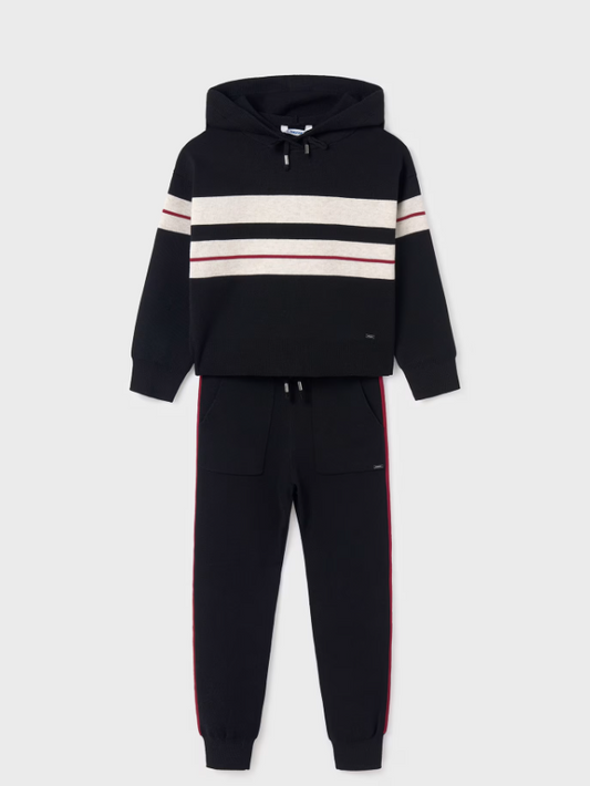 2pc Black/White Stripe Knit Hood Pant Set