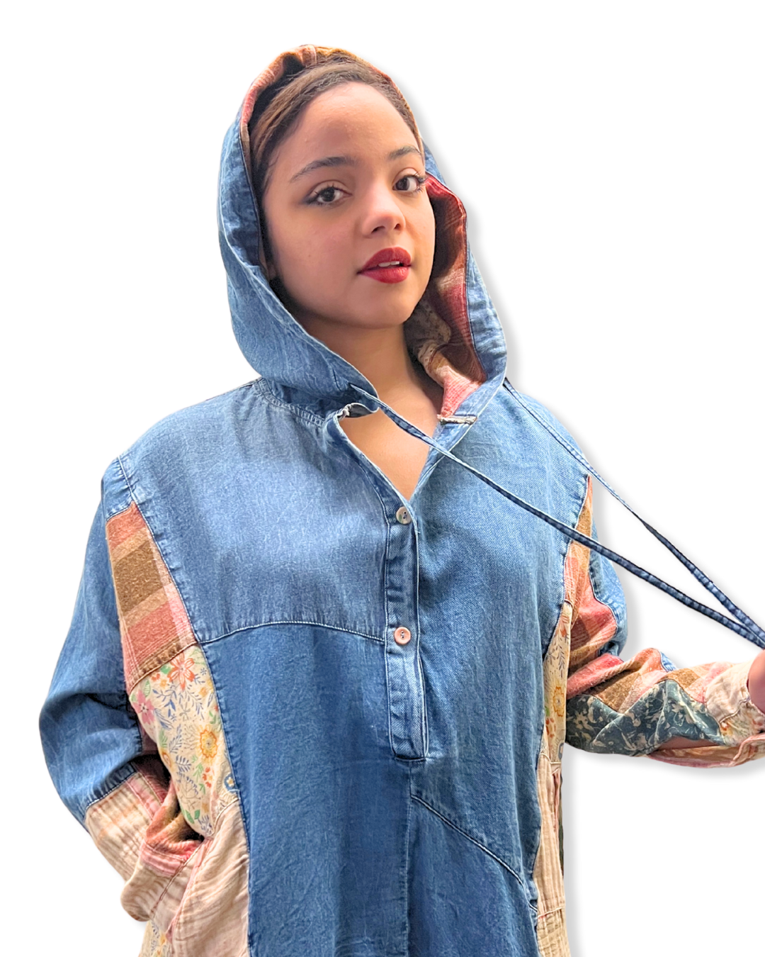 hooded denim patchwork top Expressions Boutique NY, high low boho hoodie, mixed fabric tunic top, women’s patchwork denim pullover, bohemian chic fall outfit