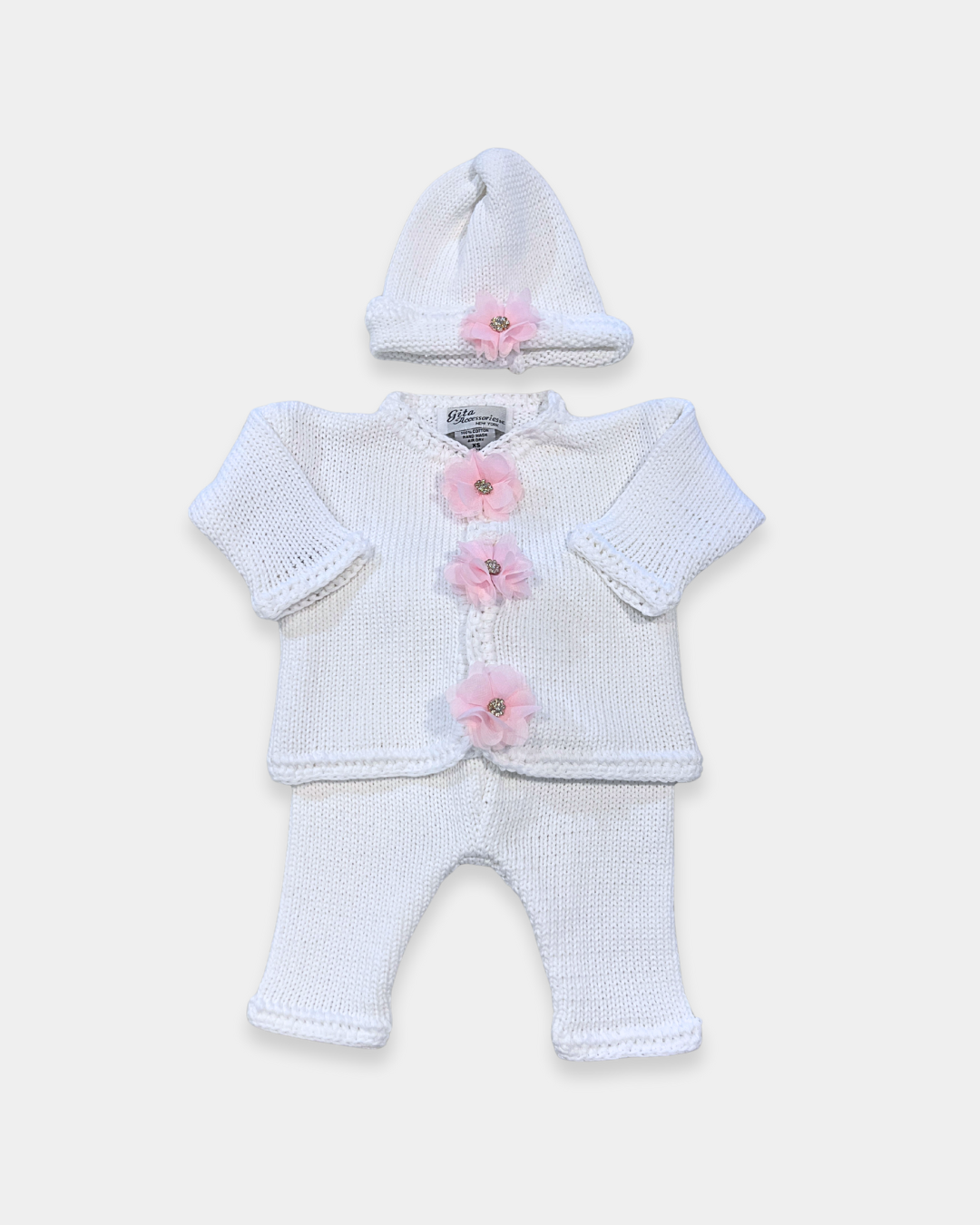 boutique baby girl sweater set, newborn white pink flower knit outfit, rhinestone baby girl sweater Expressions Boutique NY, luxury knitwear baby girl, christening outfit baby girl knit, heirloom newborn sweater hat set, boutique baby girl clothing set, newborn knit outfit girls, special occasion baby shower gift girl, cotton knit baby girl sweater set