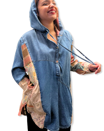 hooded denim patchwork top Expressions Boutique NY, high low boho hoodie, mixed fabric tunic top, women’s patchwork denim pullover, bohemian chic fall outfit