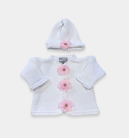 boutique baby girl sweater set, newborn white pink flower knit outfit, rhinestone baby girl sweater Expressions Boutique NY, luxury knitwear baby girl, christening outfit baby girl knit, heirloom newborn sweater hat set, boutique baby girl clothing set, newborn knit outfit girls, special occasion baby shower gift girl, cotton knit baby girl sweater set
