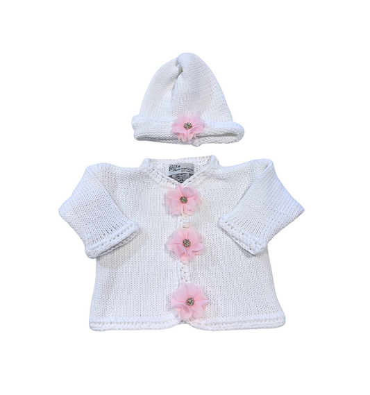 boutique baby girl sweater set, newborn white pink flower knit outfit, rhinestone baby girl sweater Expressions Boutique NY, luxury knitwear baby girl, christening outfit baby girl knit, heirloom newborn sweater hat set, boutique baby girl clothing set, newborn knit outfit girls, special occasion baby shower gift girl, cotton knit baby girl sweater set