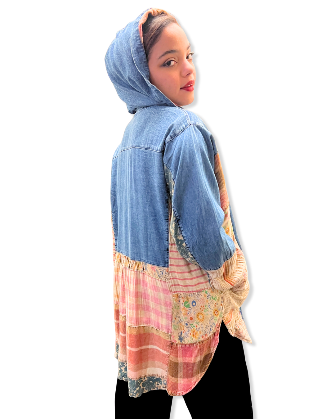 hooded denim patchwork top Expressions Boutique NY, high low boho hoodie, mixed fabric tunic top, women’s patchwork denim pullover, bohemian chic fall outfit