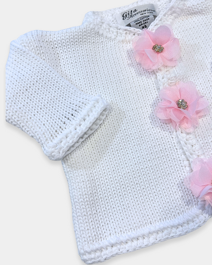 boutique baby girl sweater set, newborn white pink flower knit outfit, rhinestone baby girl sweater Expressions Boutique NY, luxury knitwear baby girl, christening outfit baby girl knit, heirloom newborn sweater hat set, boutique baby girl clothing set, newborn knit outfit girls, special occasion baby shower gift girl, cotton knit baby girl sweater set