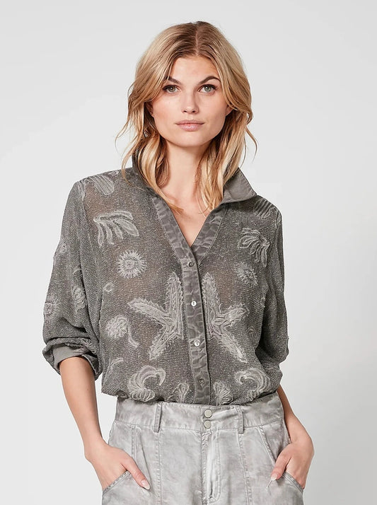 Grey Metallic Button Down Knit Shirt