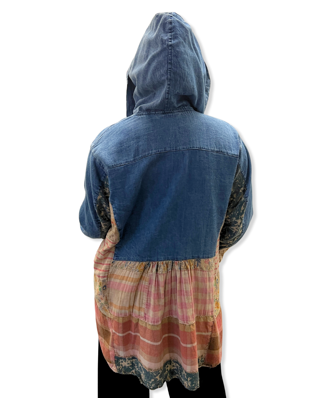 hooded denim patchwork top Expressions Boutique NY, high low boho hoodie, mixed fabric tunic top, women’s patchwork denim pullover, bohemian chic fall outfit