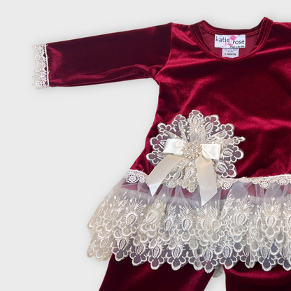 girls red velvet lace set, holiday outfit toddler girl, boutique girls Christmas outfit, red velvet tunic with pants, cotton baby girl holiday outfit, boutique baby girl clothing Expressions Boutique NY, toddler girl lace trim velvet set, festive boutique girls outfit, special occasion velvet outfit girls, elegant holiday outfit for toddlers