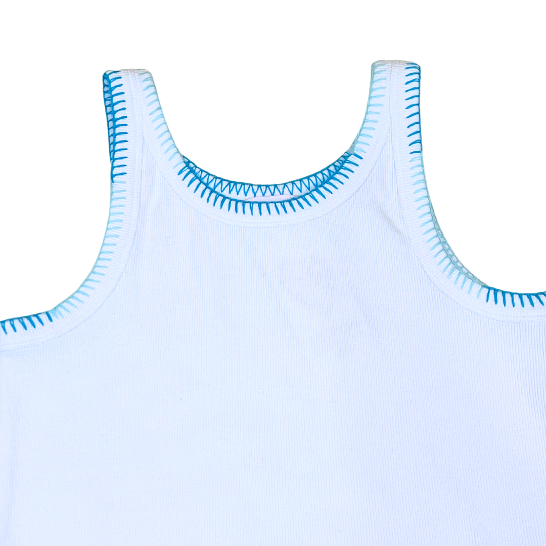 White Tank w teal threading detail on edge of sleeve