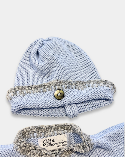baby cotton sweater set, boutique baby knitwear, baby shower gift outfit, baby boy sweater and hat set, newborn cotton sweater outfit, boutique baby clothing Expressions Boutique NY, infant knit cardigan set, baby cotton knit with chenille trim, newborn coming home outfit boys, soft breathable baby sweater set