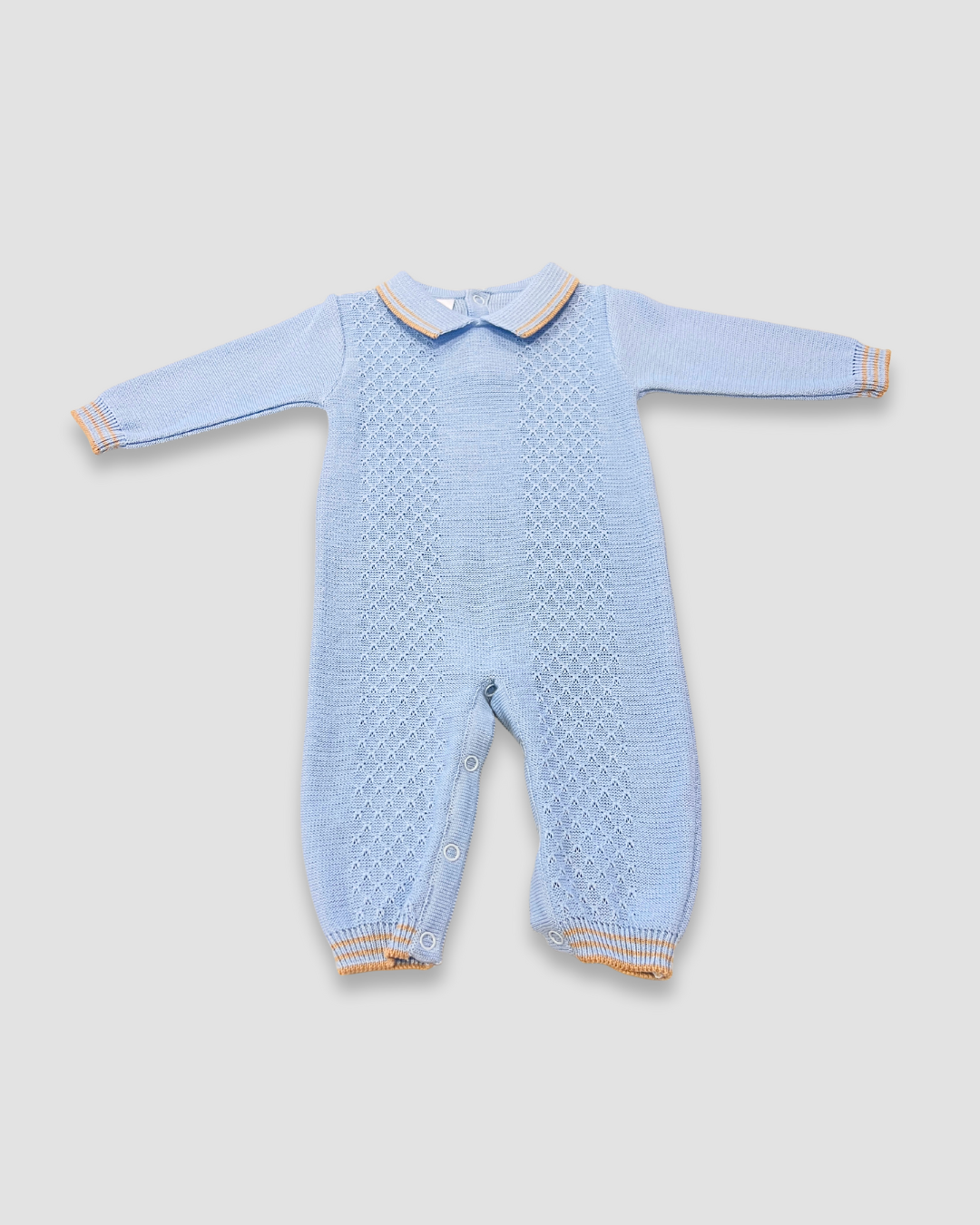 boutique baby boy romper Expressions Boutique NY, light blue knit romper with camel trim, classic cotton baby outfit, heirloom knit newborn romper breathable cotton, elegant infant boy one piece
