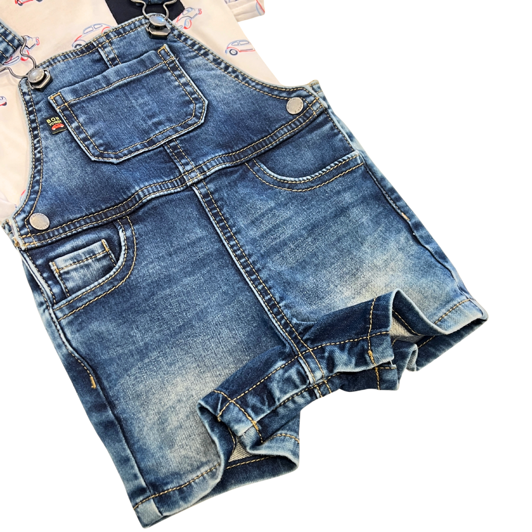 2pc white tee w cars & denim romper