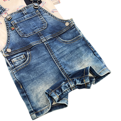 2pc white tee w cars & denim romper