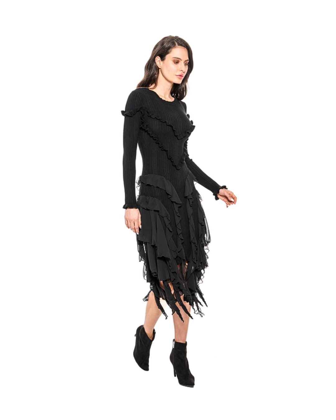 black organza dress, black ruffle dress long sleeve, statement cocktail dress, boutique black evening dress, dramatic ruffle skirt dress, black knit dress with organza, women’s boutique eveningwear, Expressions Boutique NY, Woodbury boutique fashion, black layered ruffle dress, designer inspired black dress, chic cocktail party dress