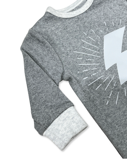 Grey Lightning Bolt Footie, Expressions Boutique, Women and childrens boutique, Woodbury, grey baby footie, baby boy lightning sleeper, boutique baby romper, infant footed one piece, soft cotton baby pajamas, newborn boy sleepsuit, snap closure baby outfit, modern baby boy footie, baby shower boy gift, lightning print baby romper
