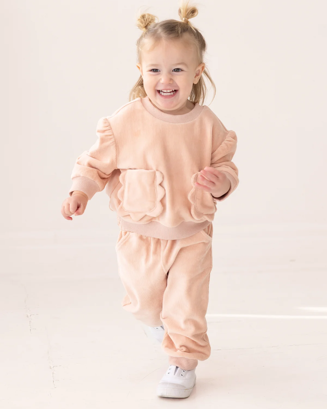 peach baby pant set, boutique toddler outfit, scalloped pocket baby set, girls velour pant set, peach lounge set kids, boutique infant clothing, soft baby clothes set, baby girl jogger set, toddler fall outfit girl, boutique kids fashion peach, back to school, school outfits, pre-k clothing