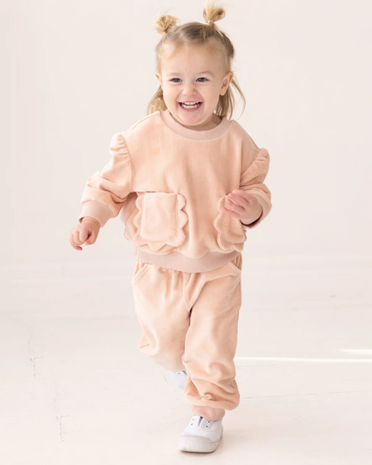 peach baby pant set, boutique toddler outfit, scalloped pocket baby set, girls velour pant set, peach lounge set kids, boutique infant clothing, soft baby clothes set, baby girl jogger set, toddler fall outfit girl, boutique kids fashion peach, back to school, school outfits, pre-k clothing