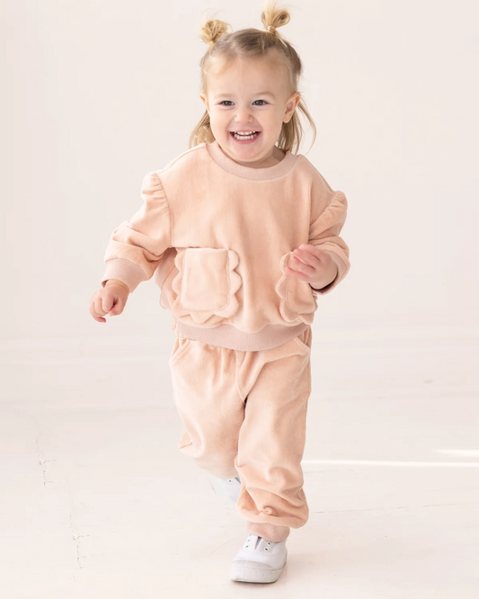 peach baby pant set, boutique toddler outfit, scalloped pocket baby set, girls velour pant set, peach lounge set kids, boutique infant clothing, soft baby clothes set, baby girl jogger set, toddler fall outfit girl, boutique kids fashion peach, back to school, school outfits, pre-k clothing